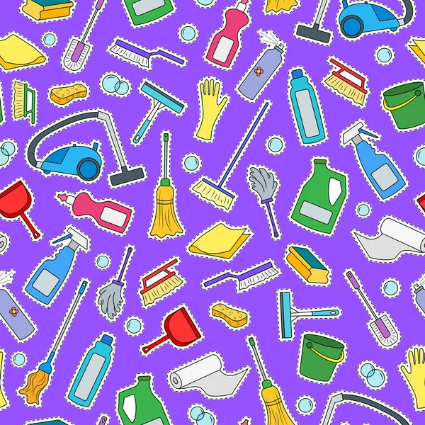Patrón sin costura en el tema de la limpieza y el equipo doméstico y productos de limpieza, iconos de parche de color sobre fondo púrpura — Vector de stock