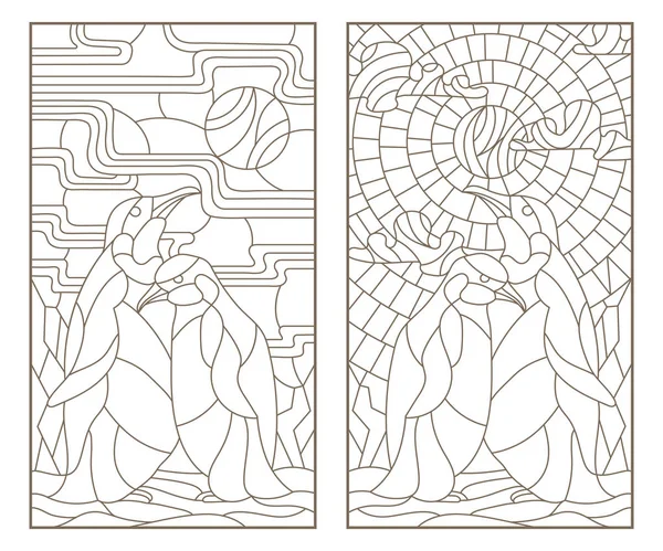 Conjunto de ilustraciones del contorno de vidrieras con un par de pingüinos, contornos oscuros sobre fondo blanco — Archivo Imágenes Vectoriales