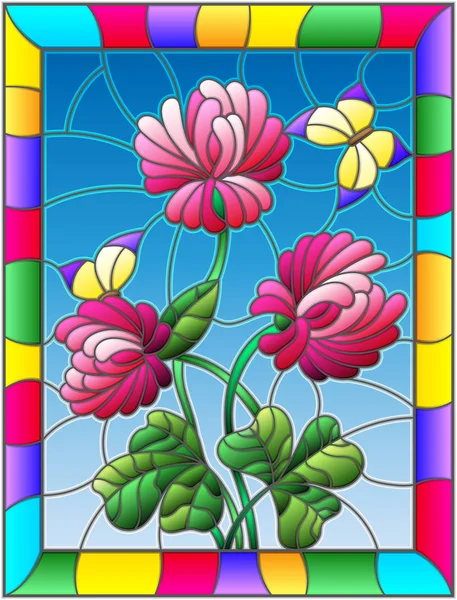 Ilustración en estilo vitral con ramo de trébol rosa y mariposas amarillas sobre fondo celeste, en un marco brillante — Vector de stock