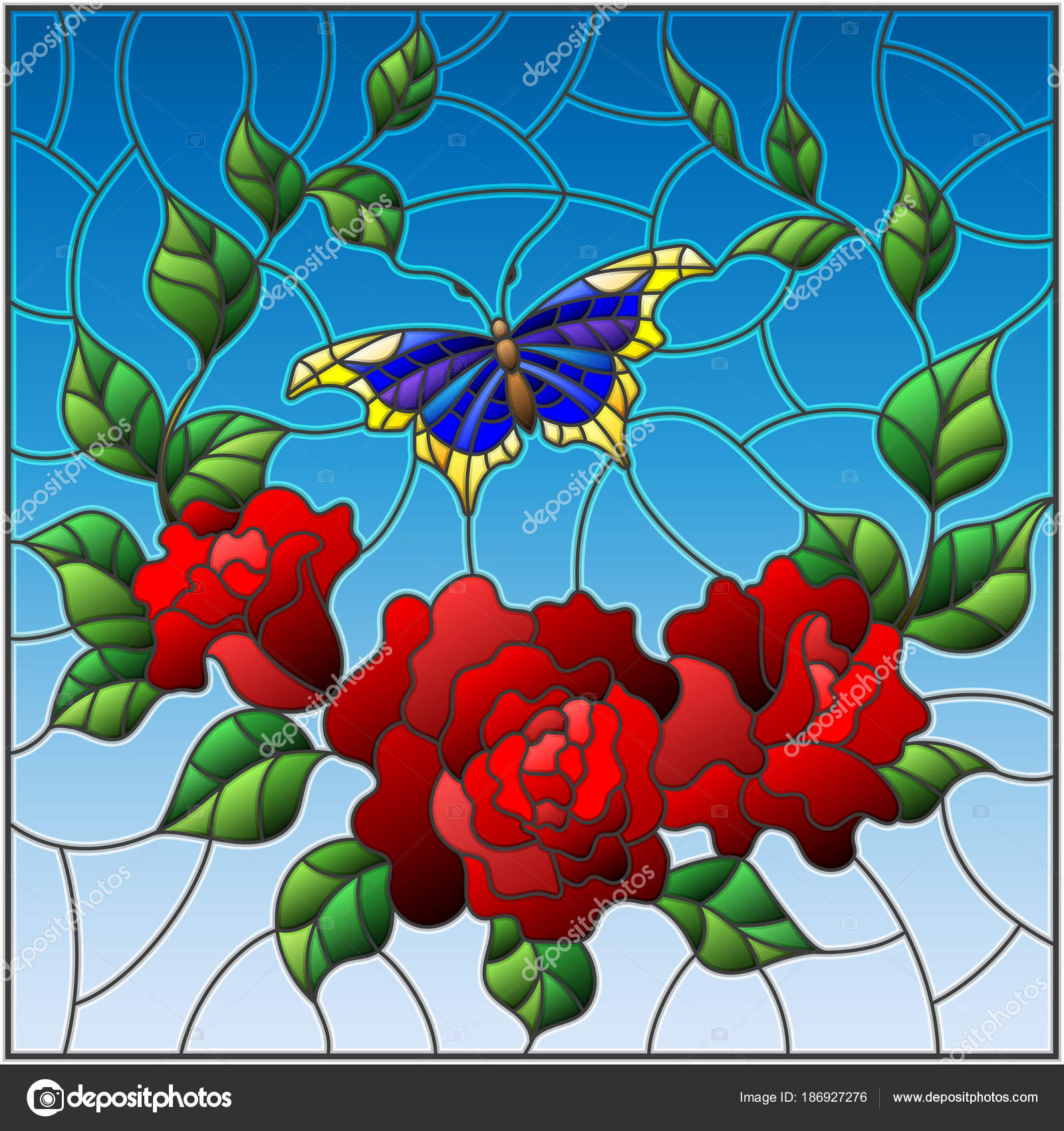 赤い花と葉の正方形の画像、バラ、青い蝶のステンド グラス風イラスト — ストックベクター © Zagory