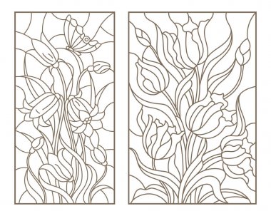 Kontur vitray resimler kümesiyle buketler çiçek, Lale ve çiçekler çan, beyaz zemin üzerine koyu özetliyor