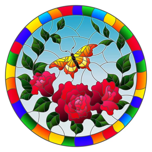 Illustration dans un style vitrail avec des fleurs rouges et des feuilles de rose rose, et une image ronde jaune papillon dans un cadre lumineux — Image vectorielle