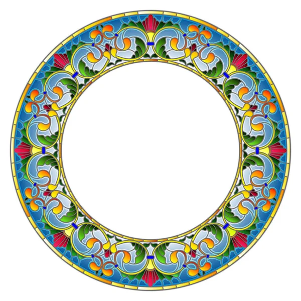 Ilustrace v vitráže stylu květinové rám, světlé květy a listy v modrém rámečku na bílém pozadí — Stockový vektor
