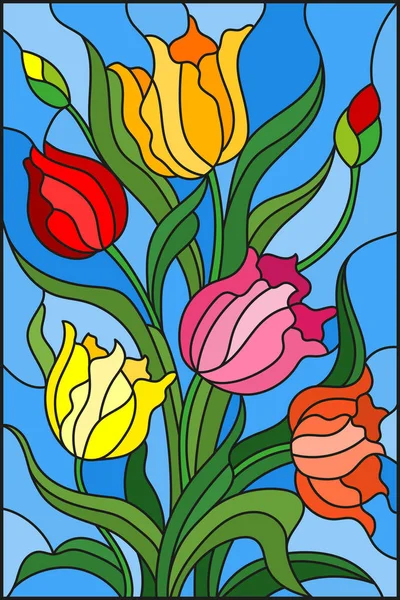 Illustration im Glasmalereistil mit einem Strauß bunter Tulpen auf blauem Hintergrund — Stockvektor