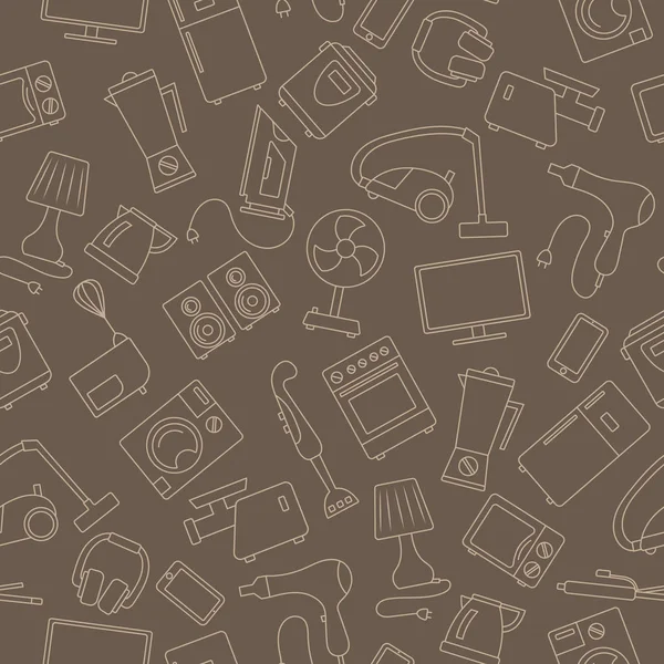 Fondo sin costuras con iconos de contorno simples sobre el tema de los electrodomésticos, contorno beige sobre fondo marrón — Vector de stock