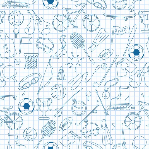 夏のスポーツ、ケージのきれいな習字帳シートにシンプルな青い輪郭アイコンをテーマにシームレス パターン — ストックベクタ