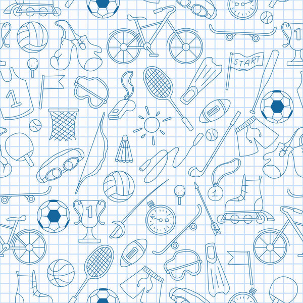Seamless pattern on the theme of summer sports, simple blue  contour  icons on the clean writing-book sheet in a cage