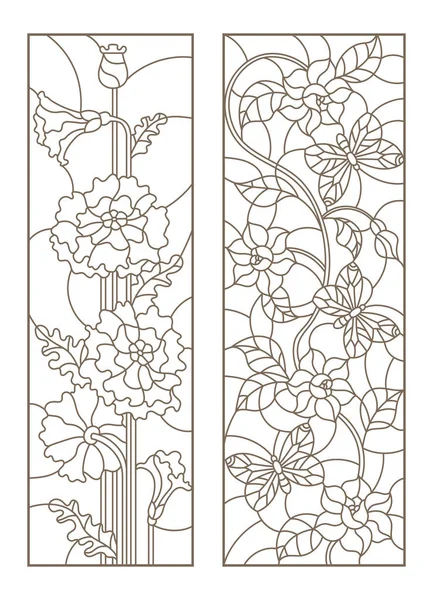 Conjunto de ilustraciones de vitrales con amapolas y flores con mariposas, contornos oscuros sobre fondo blanco — Vector de stock