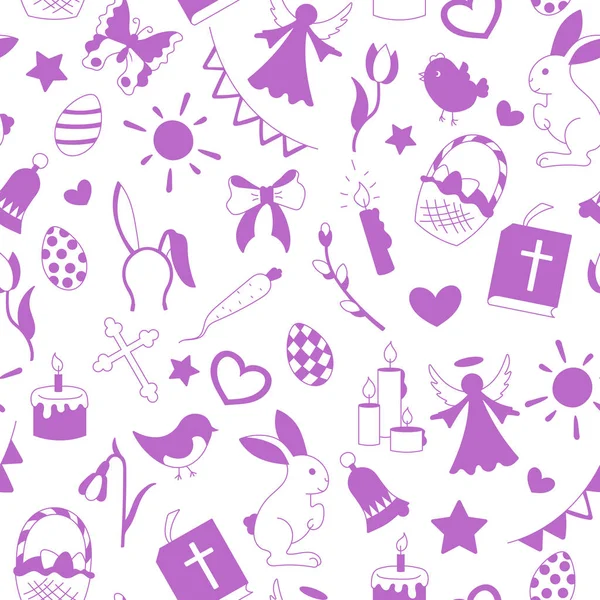 Бесшовный узор с простыми контурными иконками на тему праздника Пасхи, фиолетовые силуэты иконы на белом фоне — стоковый вектор