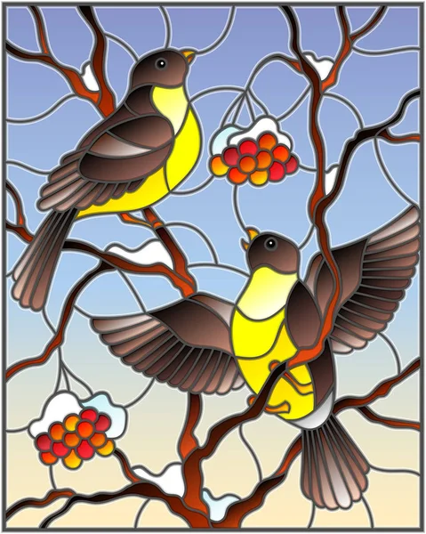 Ilustración en estilo vitral con un par de tetones de pájaros sobre ramas de fresno de montaña cubiertas de nieve con bayas sobre un fondo del cielo — Archivo Imágenes Vectoriales