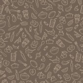 Картина, постер, плакат, фотообои "seamless pattern with outline icons on a theme kitchen accessories and food,beige outline on a brown background", артикул 187360478