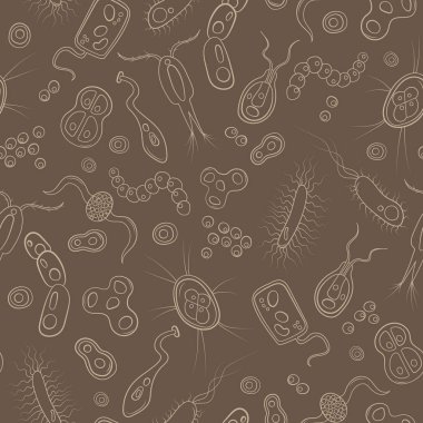 Bakteri, mikrop ve virüs, kontur görüntüleri ile Seamless modeli üzerinde kahverengi bir arka plan bej anahat