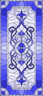 İllüstrasyon soyut swirls, vitray tarzında çiçekler ve hafif bir arka plan üzerinde dikey yönlendirme gama mavi yaprakları