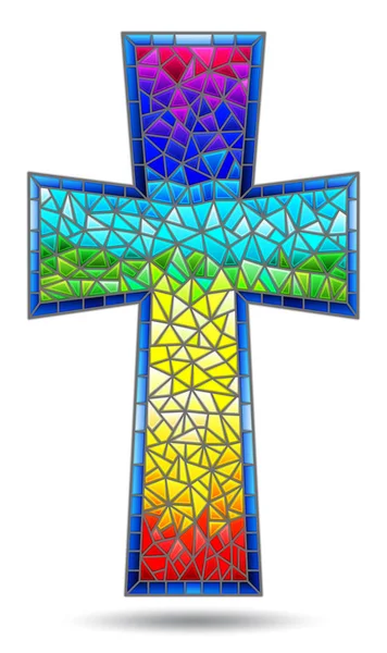 La ilustración en pintura de estilo vidriera sobre temas religiosos, vitral en forma de cruz cristiana arco iris, aislado sobre fondo blanco — Archivo Imágenes Vectoriales