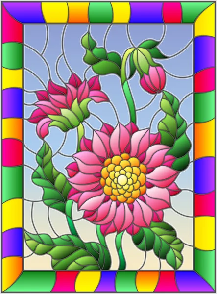 Illustration im Glasmalereistil mit drei leuchtend rosa Blüten, Knospen und Blättern auf einem Himmelshintergrund in einem Rahmen — Stockvektor