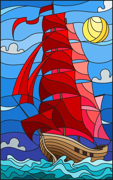 Illustration im Glasmalereistil mit einem alten Schiff, das mit roten Segeln gegen Meer, Sonne und Himmel segelt, Meereslandschaft — Stockvektor