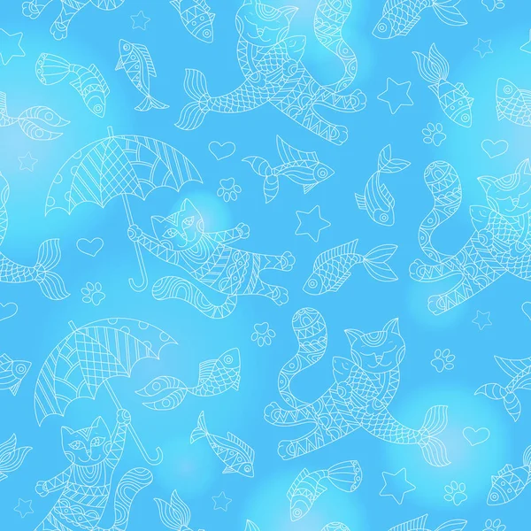 Бесшовный рисунок с забавными кошками и рыбками, светлые контуры фигур на синем фоне — стоковый вектор