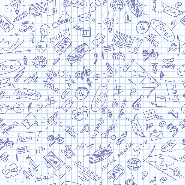 Motif sans couture sur le thème des affaires, icônes de contour simples, icônes de contour bleu sur la feuille de livre d'écriture propre dans une cage — Image vectorielle