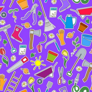 Ekim ve hasat, sade renkli yama simgeler mor arka plan üzerinde büyüyen Bahçe temalı seamless modeli