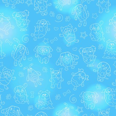 Kontur görüntüleri ile Seamless Modeli çizgi film köpekler, mavi bir arka plan üzerinde ışık anahat