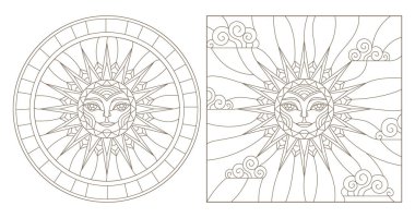 Yuvarlak yüz, vitray güneşin kontur illüstrasyonlar ayarla ve görüntü, beyaz bir arka plan üzerinde koyu anahat Meydanı, izole