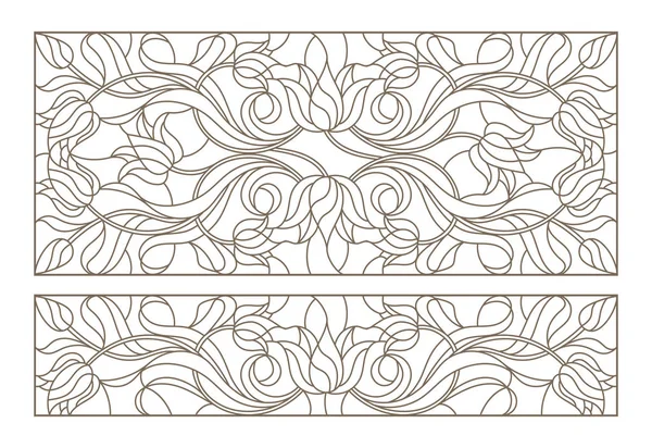 Série d'illustrations en verre teinté contour avec fleurs abstraites symétriques de tulipes, contours sombres sur fond blanc, orientation horizontale — Image vectorielle
