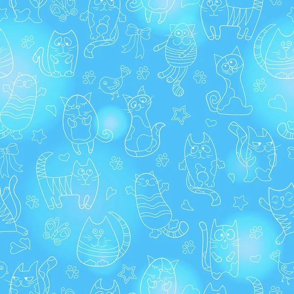 Wzór z obrazów kontur kreskówka koty, jasny kontur na niebieskim tle — Wektor stockowy