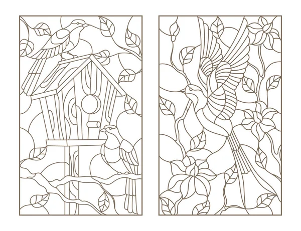 Ensemble d'illustrations de contours vitraux avec des oiseaux, hirondelle sur fond de fleurs et une paire d'oiseaux au nichoir, contours sombres sur fond blanc — Image vectorielle