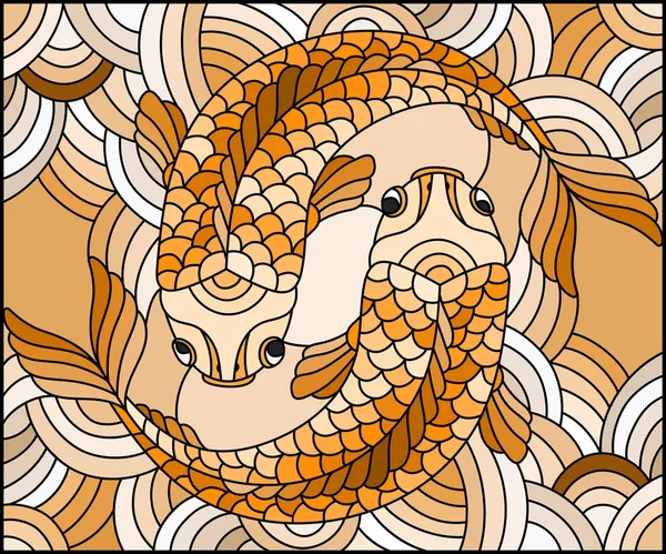 Vitray tarzı altın balık su dalgalı arka plan üzerinde bir çift ile çizimde Sepya, sesi, kahverengi — Stok Vektör