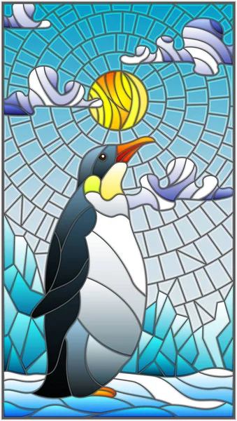 Ilustración en estilo vitral con un pingüino sobre un fondo de nieve, sol y nubes — Archivo Imágenes Vectoriales