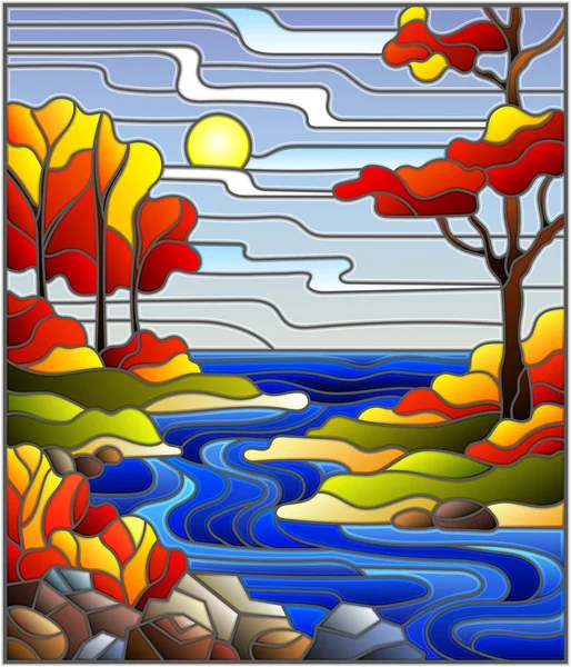 Illustratie in gebrandschilderd glas stijl met een rotsachtige Creek op de achtergrond van de zonnige hemel, de lake, de bomen en de velden, de herfst landschap — Stockvector