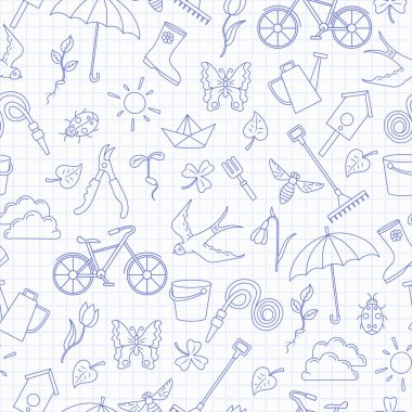 Bahar, mavi kontur simgeler temiz yazma kitap gökyüzünde bir kafeste konulu basit kontür simgeleri ile Seamless Modeli