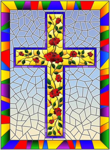 Illustration in Glasmalerei mit christlichem Kreuz mit rosa Rosen auf Himmelshintergrund in hellem Rahmen — Stockvektor