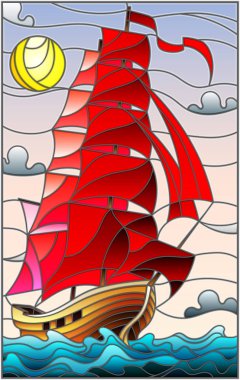 Eski bir gemi deniz, güneş ve gökyüzü, deniz manzarası karşı kırmızı yelkenli yelken stiliyle vitray çizimde 