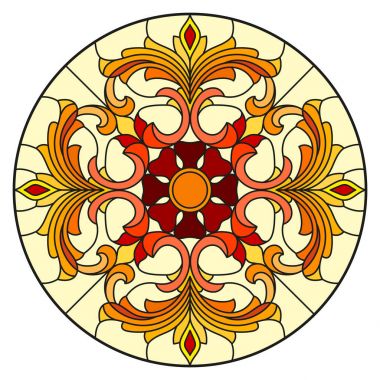 Vitray stil soyut çiçekli resimde bırakır ve swirls, beyaz arka plan üzerinde dairesel görüntü