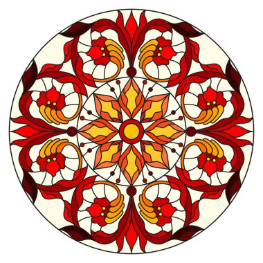 Vitray stil soyut çiçekli resimde bırakır ve swirls, beyaz arka plan üzerinde dairesel görüntü