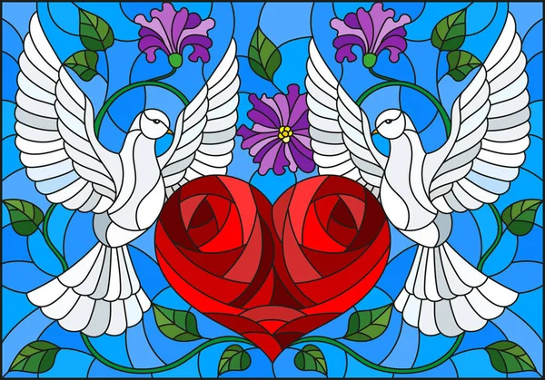 Illustration en vitrail avec une paire de pigeons et un cœur contre le ciel et les fleurs — Image vectorielle