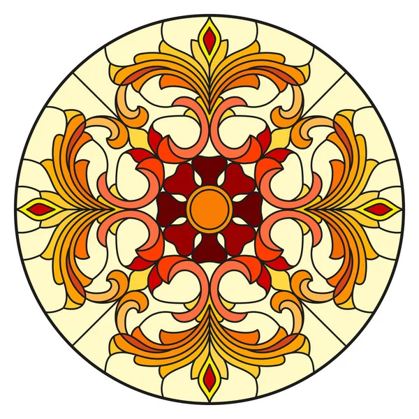 Ilustrace v vitráže stylu s abstraktní květy, listy a víry, kruhový obraz na bílém pozadí — Stockový vektor