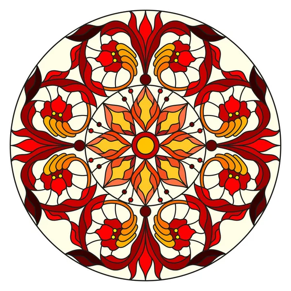抽象的な花のステンド グラス スタイルでの図葉し、渦巻き、白い背景の上の円形の画像 — ストックベクタ