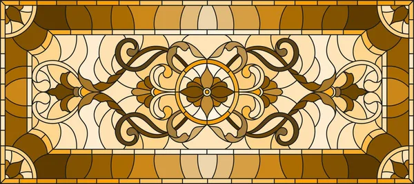 Illustration im Glasmalereistil mit abstrakten Wirbeln und Blättern auf hellem Hintergrund, horizontale Ausrichtung, Sepia — Stockvektor