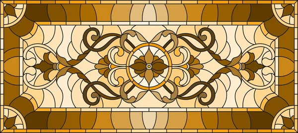 Ilustración en estilo vitral con remolinos abstractos y hojas sobre fondo claro, orientación horizontal, sepia — Vector de stock