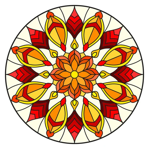 Illustration im Glasmalereistil mit abstrakten Blüten, Blättern und Wirbeln, kreisförmiges Bild auf weißem Hintergrund — Stockvektor