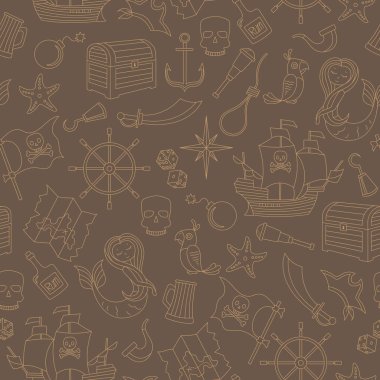 Korsanlık ve deniz seyahat anahat simgeleri, konunun brownbackground üzerinde bej kontur seamless modeli