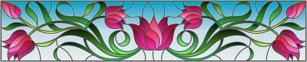 Ilustrasi dalam gaya kaca patri dengan bunga, daun dan kuncup tulip merah muda pada latar belakang biru, gambar simetris, orientasi horisontal - Stok Vektor