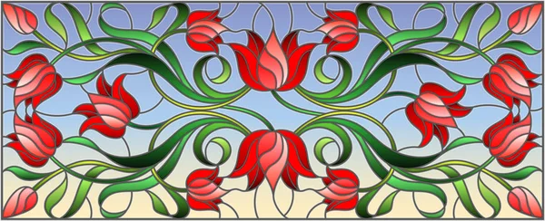 Illustration en vitrail avec fleurs, feuilles et bourgeons de tulipes rouges sur fond bleu, image symétrique, orientation horizontale — Image vectorielle