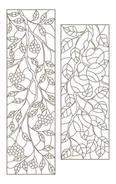 Набір контур ілюстрації вітражів Windows з гілки дерев, Ровен і Apple Гілка дерева, темно контури на білому тлі — стоковий вектор