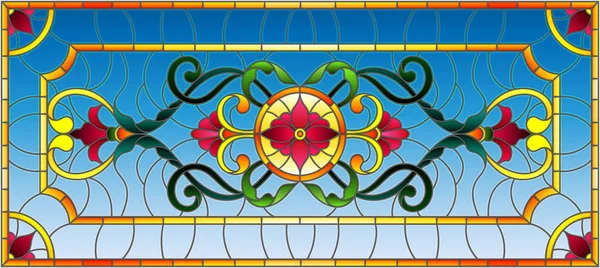 Llustration en vitrail avec tourbillons abstraits, fleurs et feuilles sur fond clair, orientation horizontale — Image vectorielle