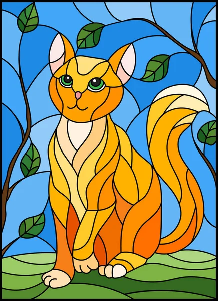 Ilustrace v vitráže stylu s červenými kočkou proti obloze a strom větví — Stockový vektor