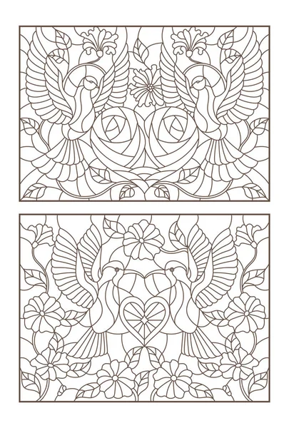 Conjunto de ilustrações de contorno de vitrais com pássaros e flores, pombas e beija-flores, contornos escuros sobre fundo branco — Vetor de Stock
