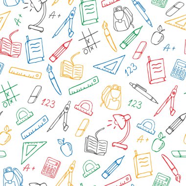 Okul, bir basit çizilmiş kontur simgeler, beyaz bir arka plan üzerinde renkli işaretleyicileri konulu seamless modeli